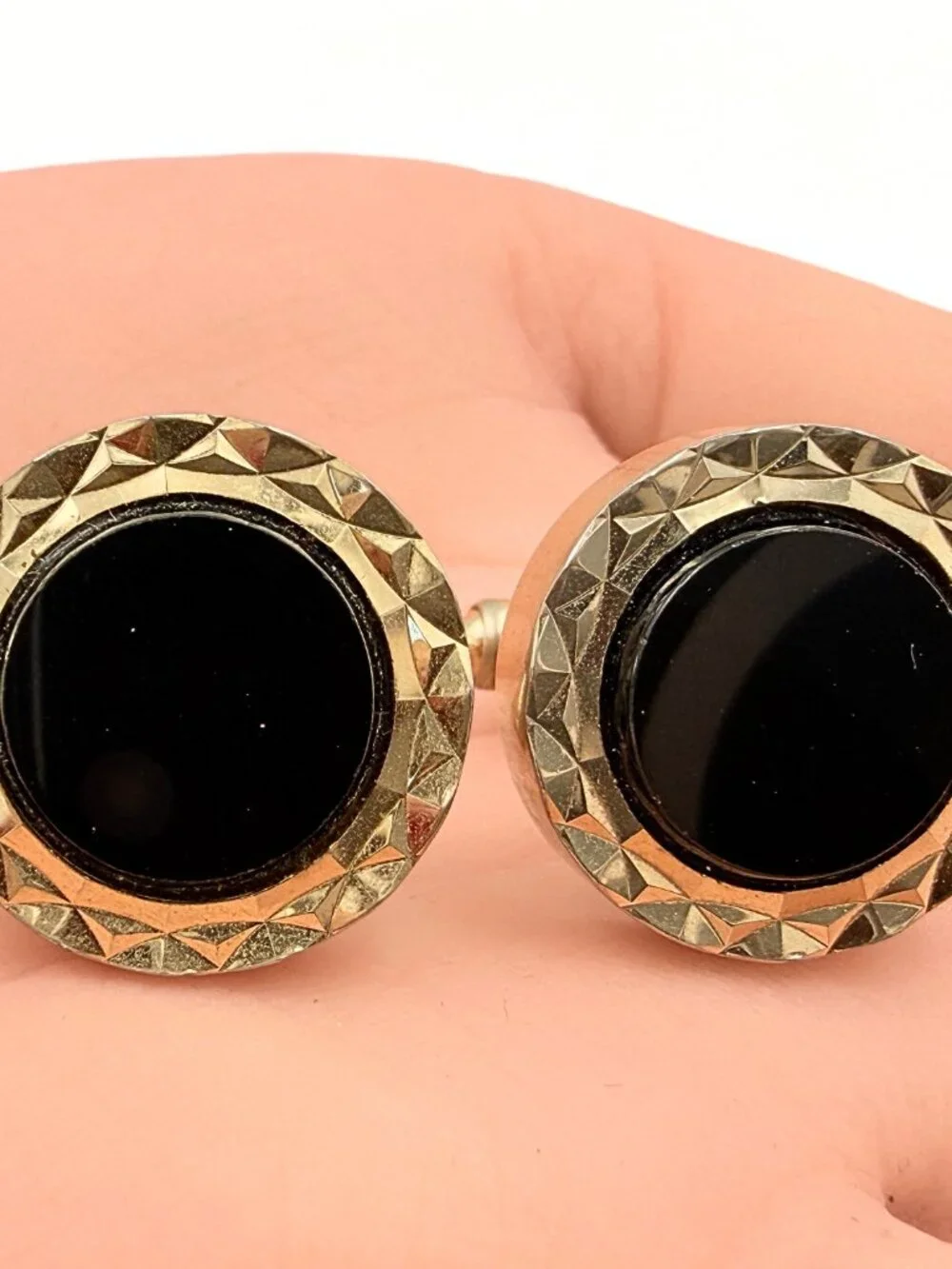 Hickok USA Designer Signed MCM Black Glass Gold Plated Modernist Cufflinks